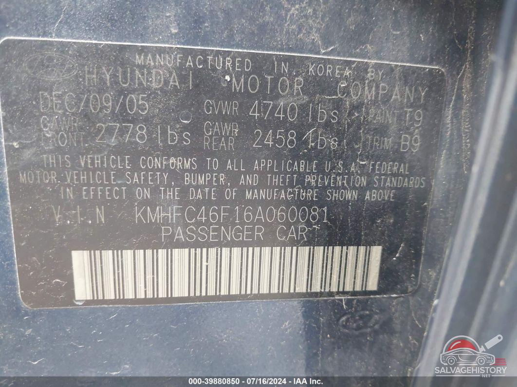 KMHFC46F16A060081 2006 HYUNDAI AZERA photo no. 9