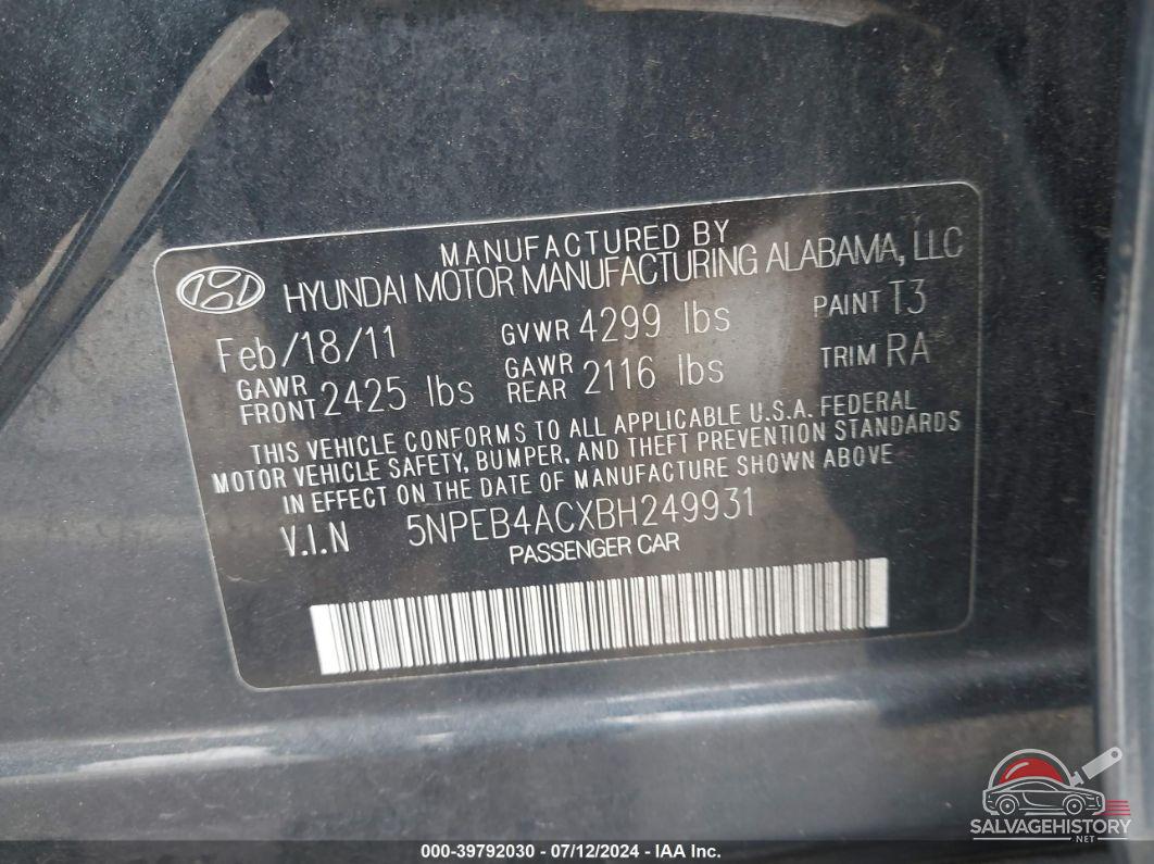 5NPEB4ACXBH249931 2011 HYUNDAI SONATA photo no. 9
