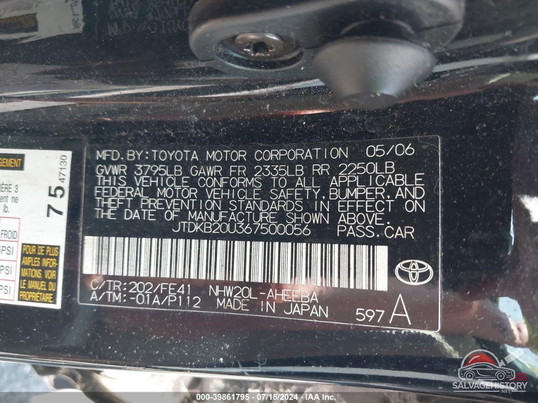 JTDKB20U367500056 2006 TOYOTA PRIUS photo no. 9