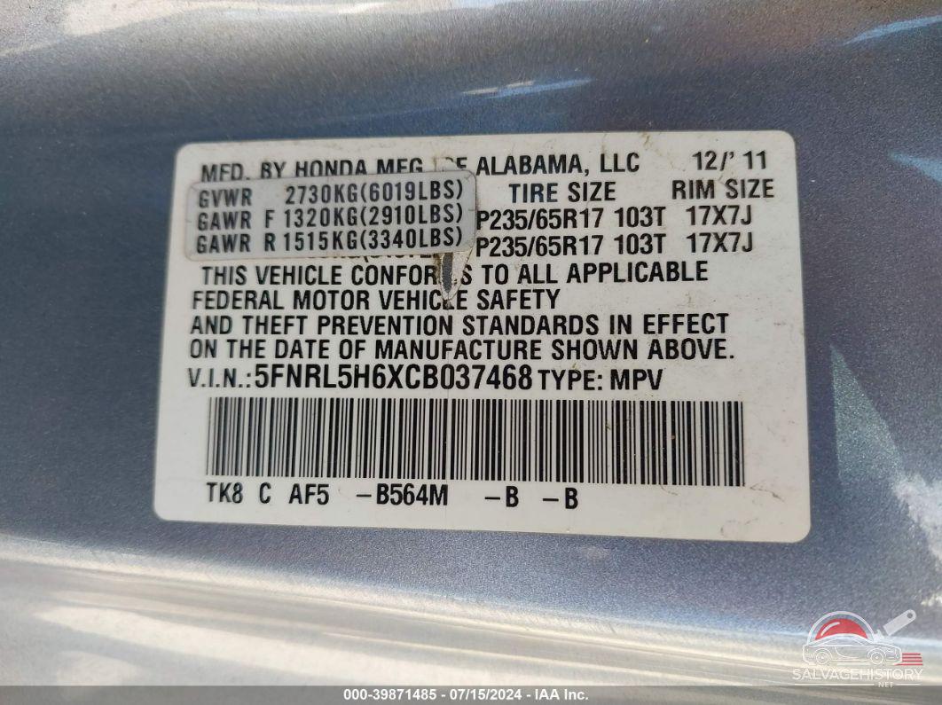 5FNRL5H6XCB037468 2012 HONDA ODYSSEY photo no. 9