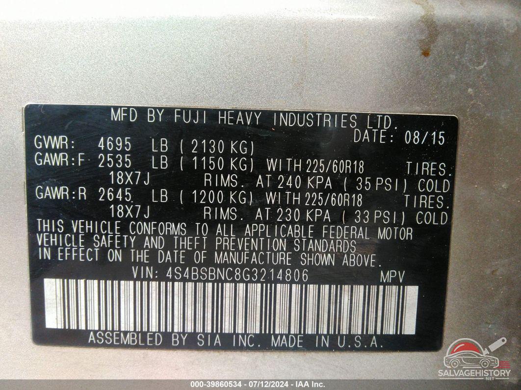 4S4BSBNC8G3214806 2016 SUBARU OUTBACK photo no. 9
