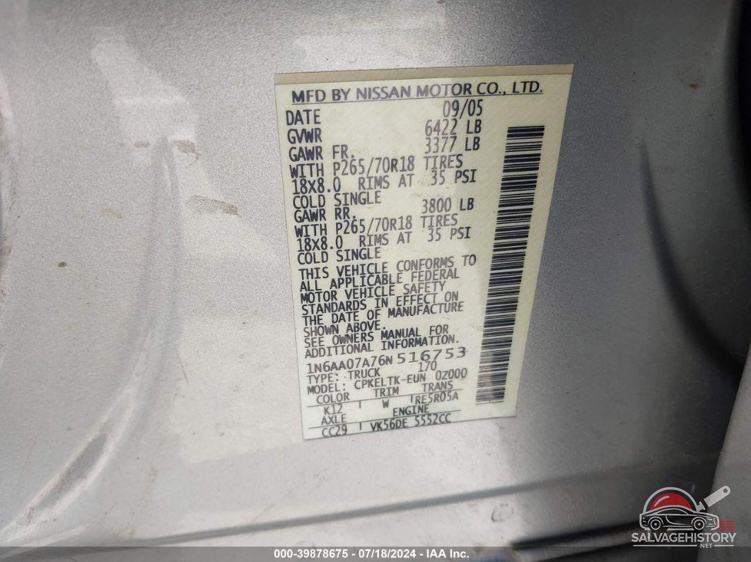 1N6AA07A76N516753 2006 NISSAN TITAN photo no. 9