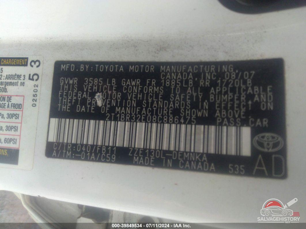 2T1BR32E08C886475 2008 TOYOTA COROLLA photo no. 9