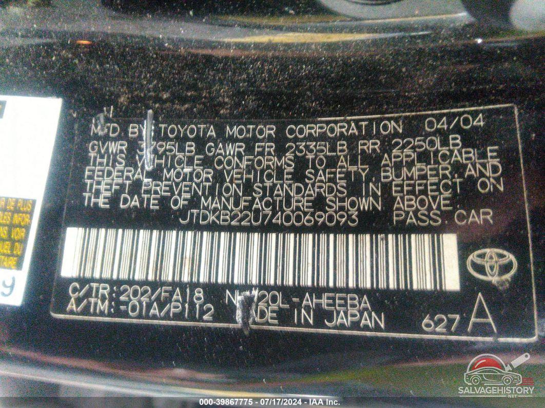 JTDKB22U740069093 2004 TOYOTA PRIUS photo no. 9