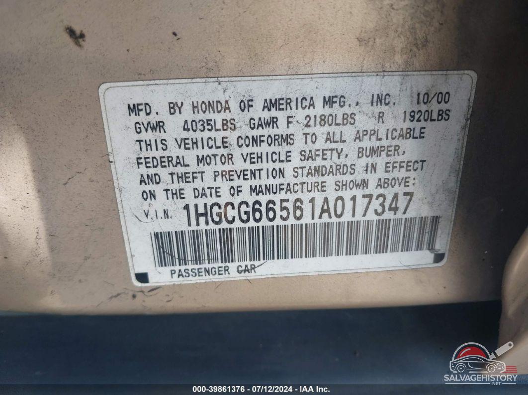 1HGCG66561A017347 2001 HONDA ACCORD photo no. 9