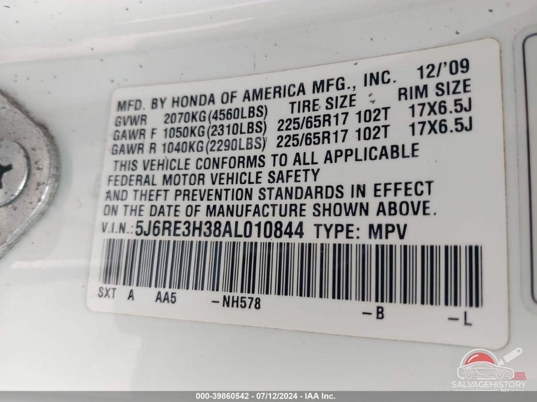 5J6RE3H38AL010844 2010 HONDA CR-V photo no. 9