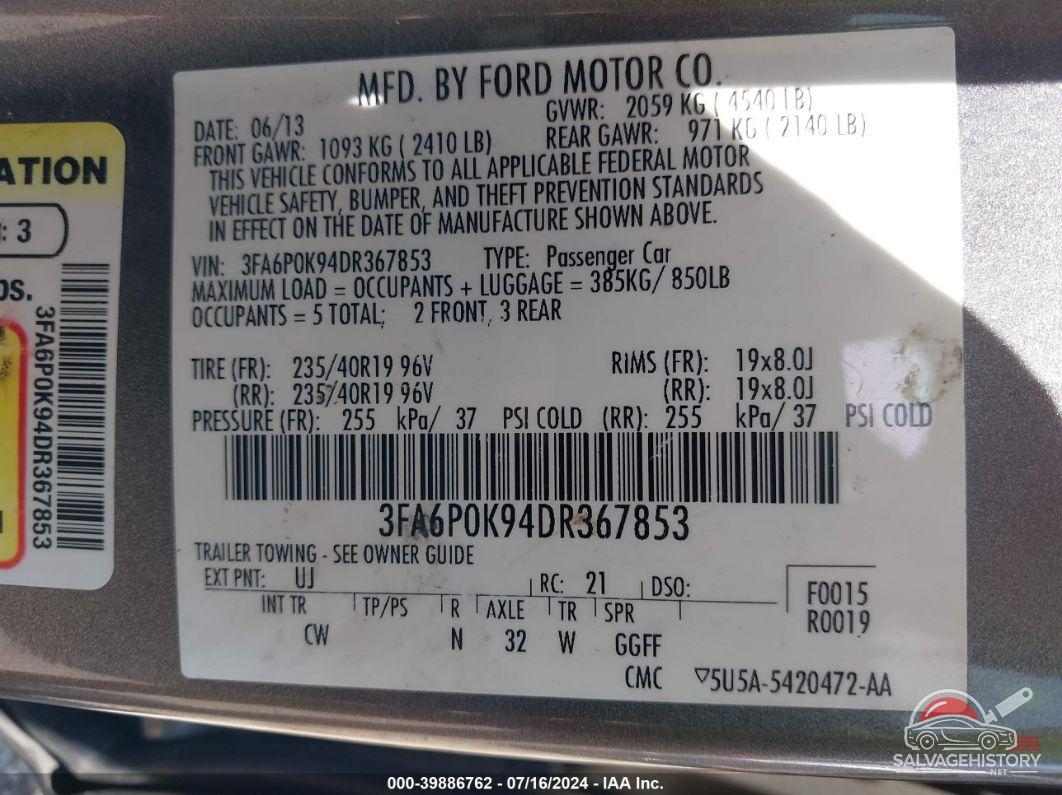 3FA6P0K94DR367853 2013 FORD FUSION photo no. 9
