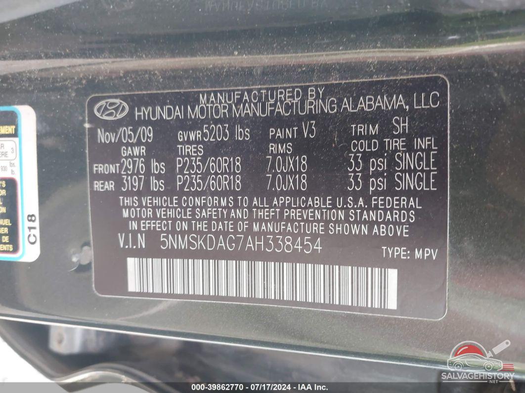 5NMSKDAG7AH338454 2010 HYUNDAI SANTA FE photo no. 9