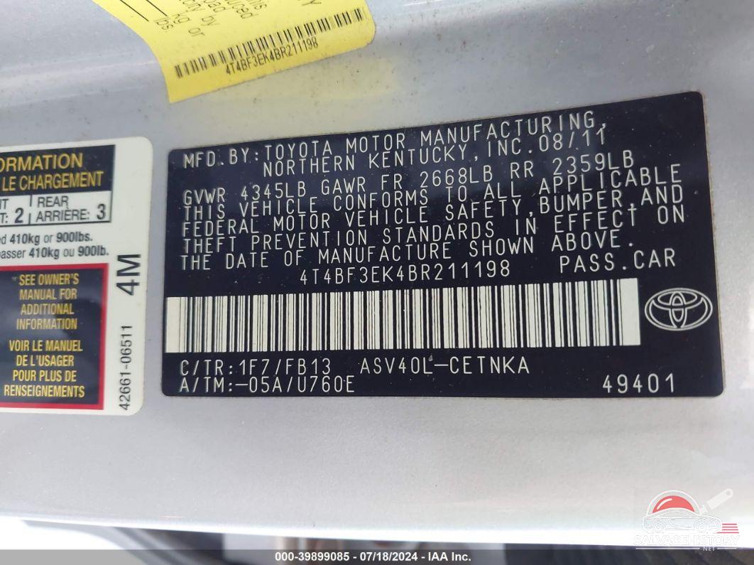 4T4BF3EK4BR211198 2011 TOYOTA CAMRY photo no. 9