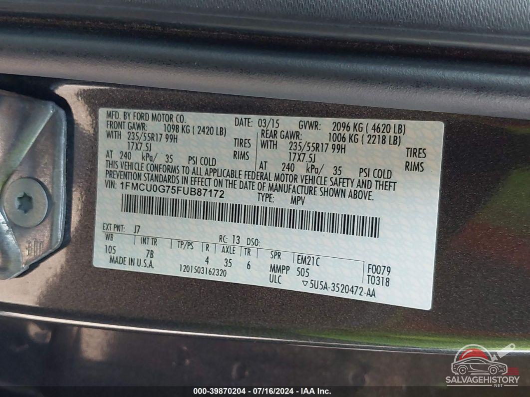 1FMCU0G75FUB87172 2015 FORD ESCAPE photo no. 9