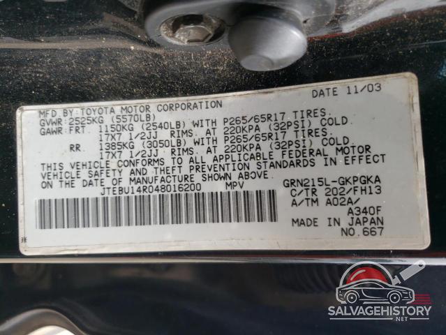 JTEBU14R048016200 2004 TOYOTA 4RUNNER photo no. 13