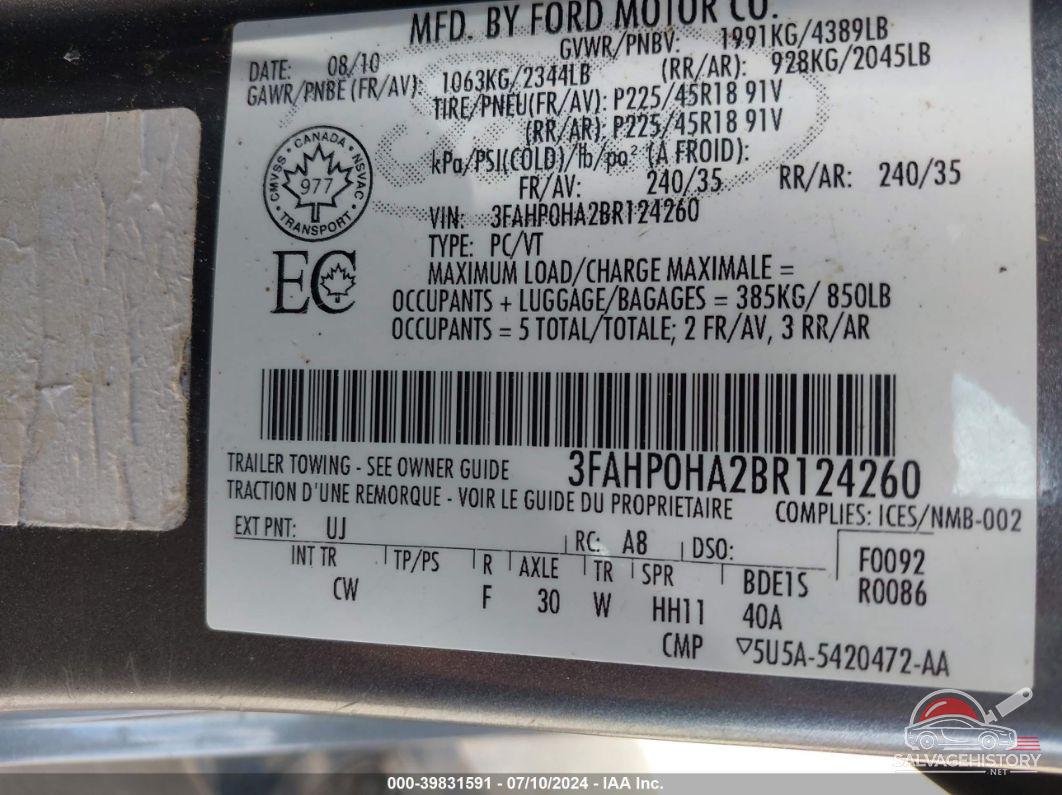 3FAHP0HA2BR124260 2011 FORD FUSION photo no. 9