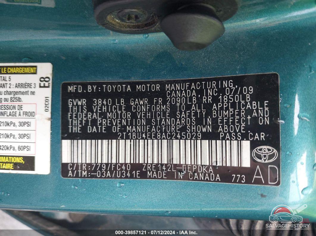 2T1BU4EE8AC245029 2010 TOYOTA COROLLA photo no. 9