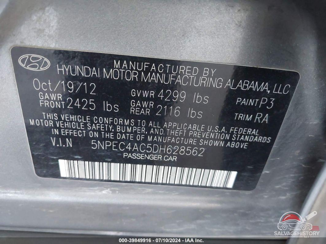 5NPEC4AC5DH628562 2013 HYUNDAI SONATA photo no. 9