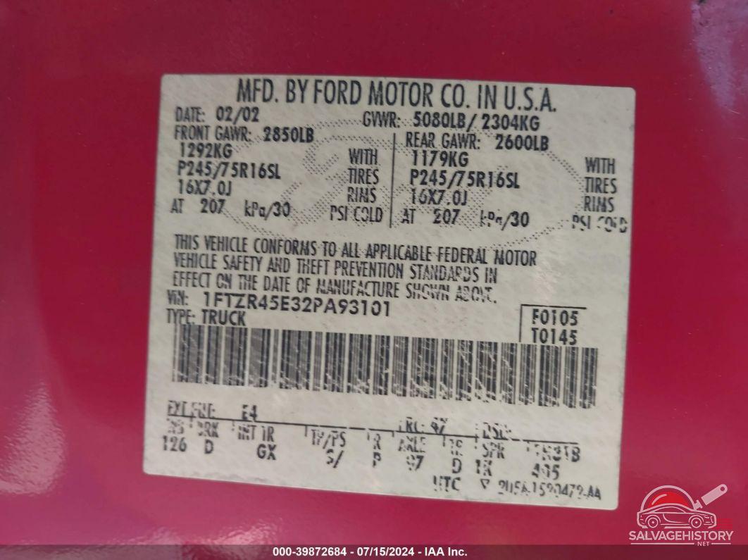 1FTZR45E32PA93101 2002 FORD RANGER photo no. 9