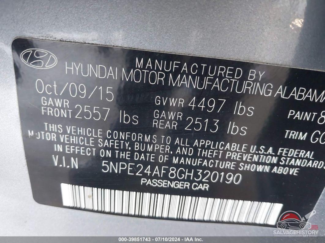 5NPE24AF8GH320190 2016 HYUNDAI SONATA photo no. 9