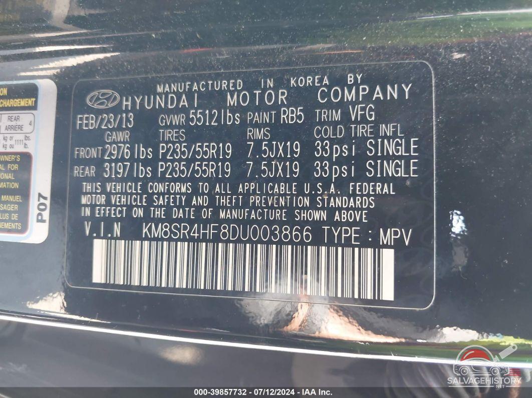KM8SR4HF8DU003866 2013 HYUNDAI SANTA FE photo no. 9