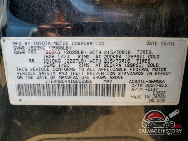 JTEHH20V416002928 2001 TOYOTA RAV4 photo no. 13