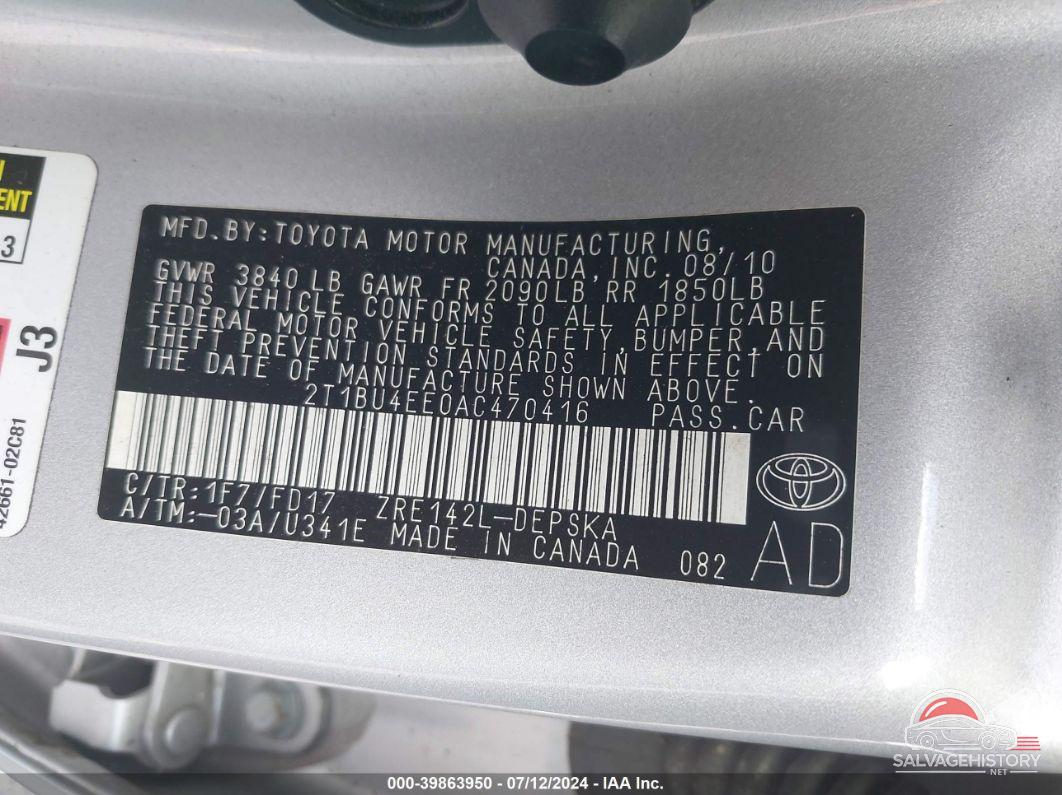 2T1BU4EE0AC470416 2010 TOYOTA COROLLA photo no. 9