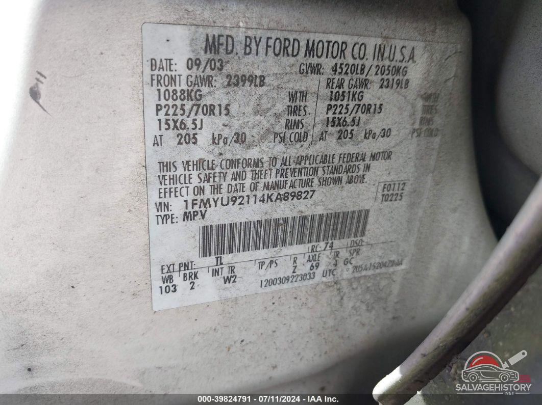 1FMYU92114KA89827 2004 FORD ESCAPE photo no. 9