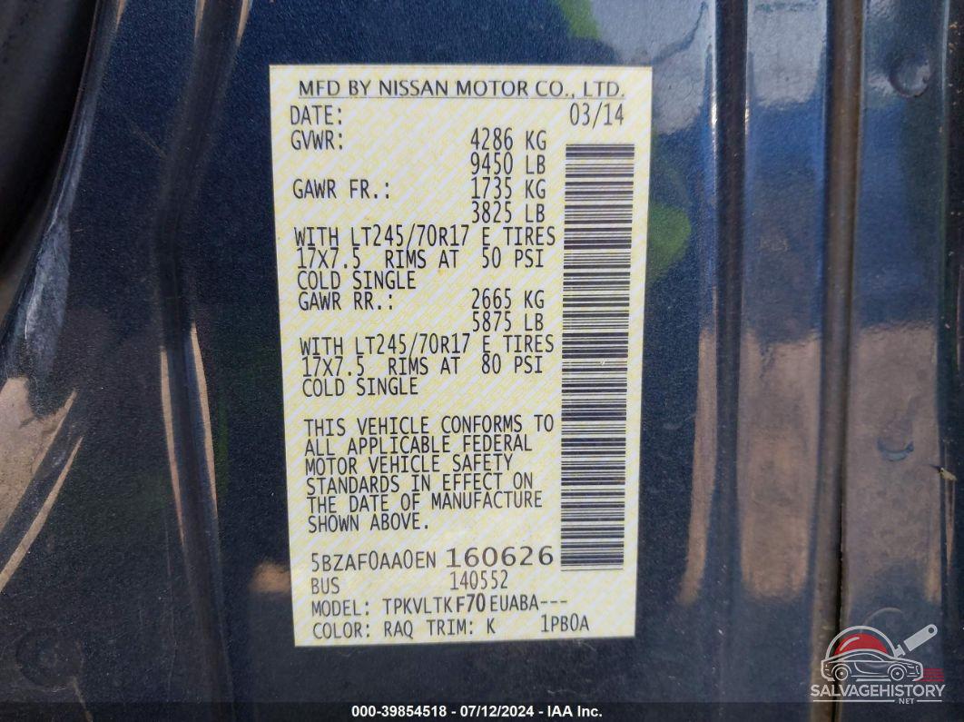 5BZAF0AA0EN160626 2014 NISSAN NV PASSENGER NV3500 HD photo no. 9