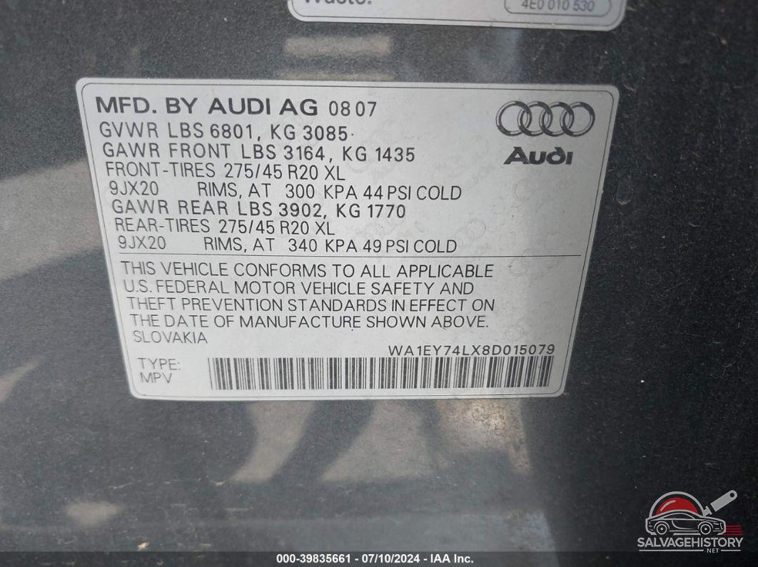 WA1EY74LX8D015079 2008 AUDI Q7 photo no. 9