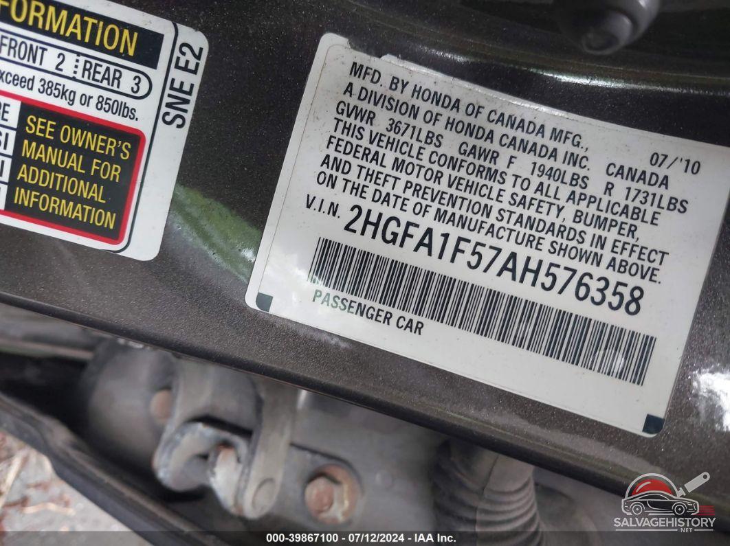 2HGFA1F57AH576358 2010 HONDA CIVIC photo no. 9