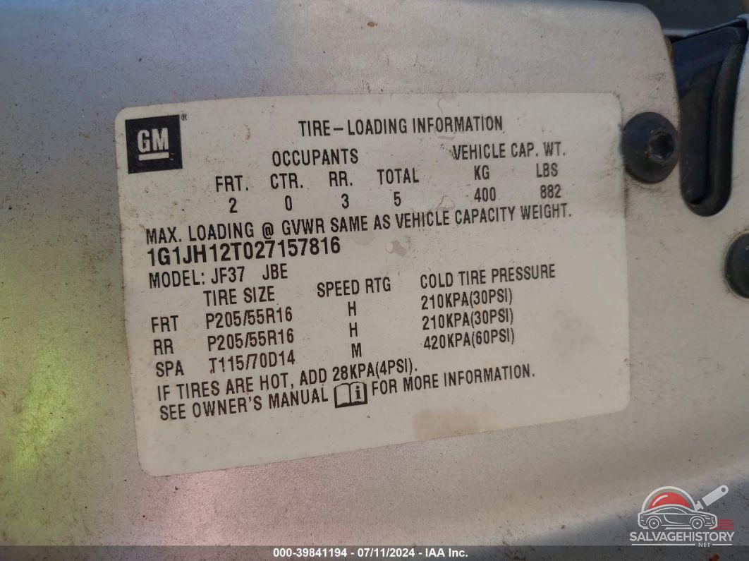 1G1JH12T027157816 2002 CHEVROLET CAVALIER photo no. 9