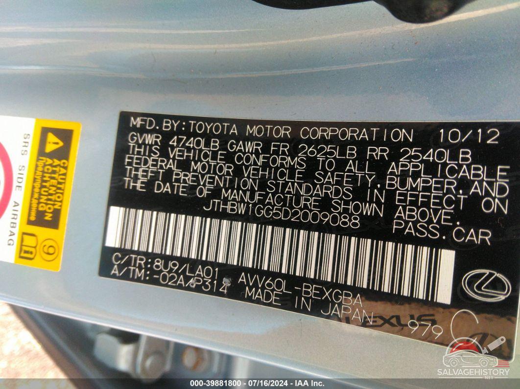 JTHBW1GG5D2009088 2013 LEXUS ES 300H photo no. 9