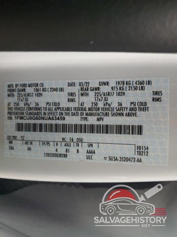 1FMCU0G60NUA63459 2022 FORD ESCAPE photo no. 12