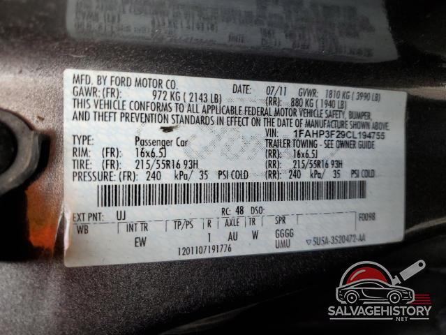1FAHP3F29CL194755 2012 FORD FOCUS photo no. 12