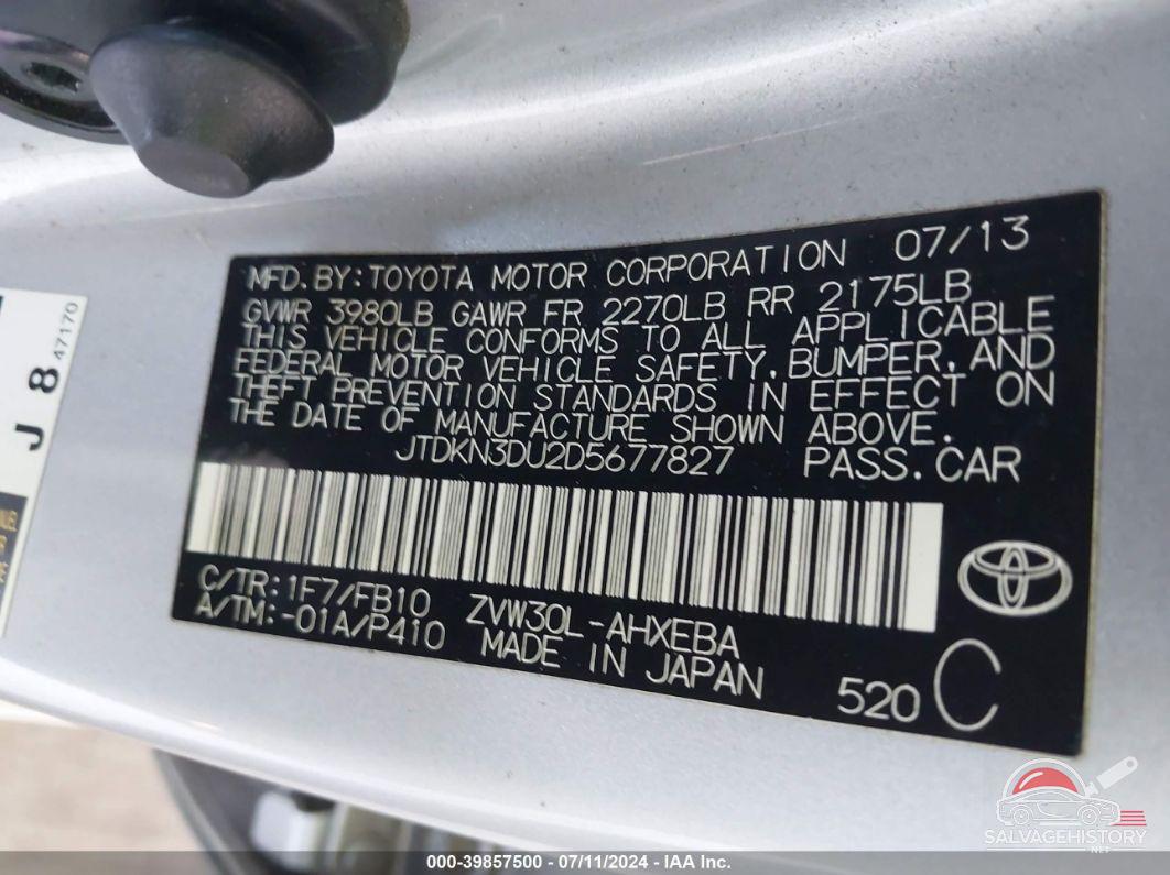 JTDKN3DU2D5677827 2013 TOYOTA PRIUS photo no. 9