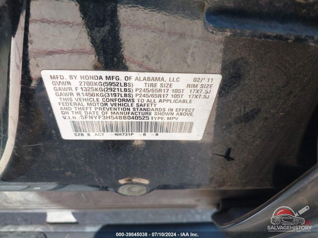 5FNYF3H54BB040525 2011 HONDA PILOT photo no. 9