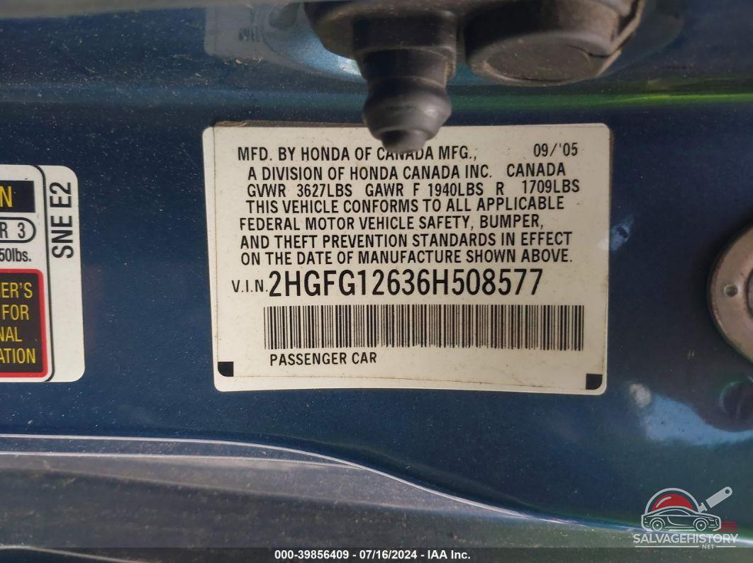 2HGFG12636H508577 2006 HONDA CIVIC photo no. 9