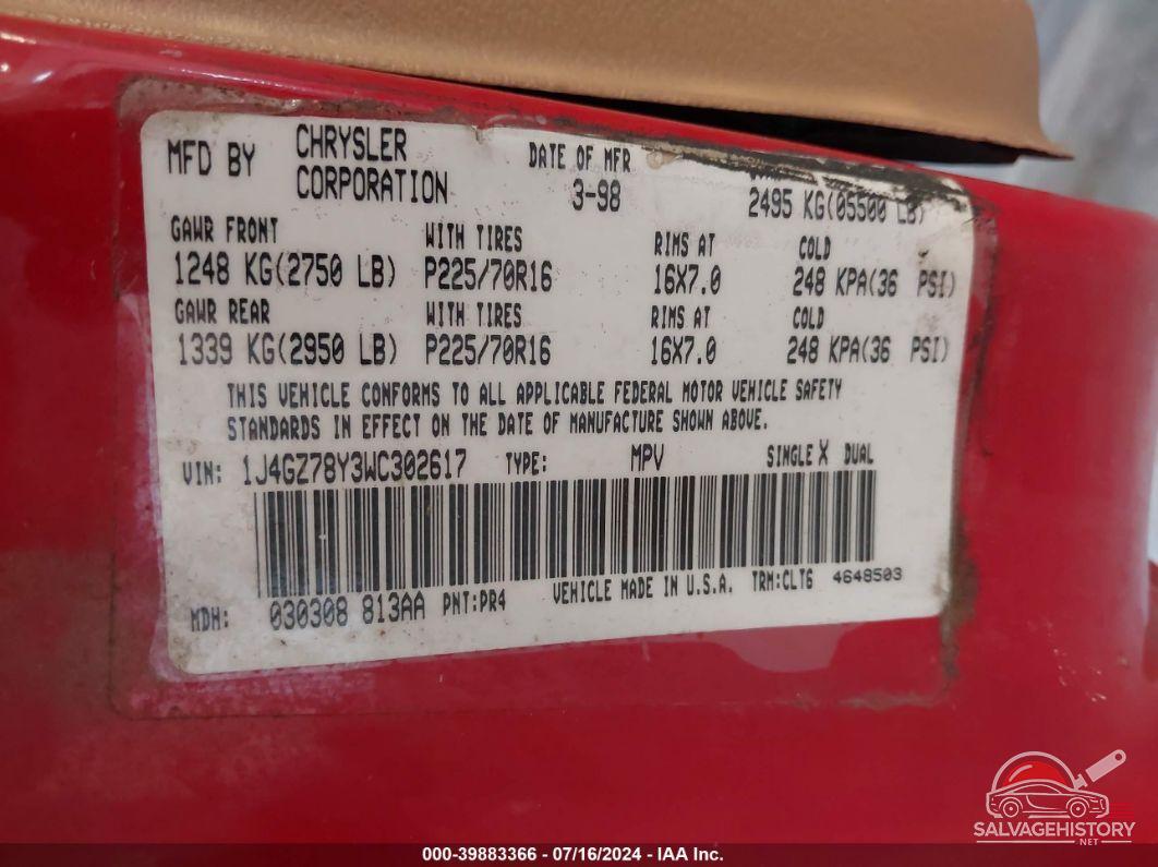1J4GZ78Y3WC302617 1998 JEEP GRAND CHEROKEE photo no. 9