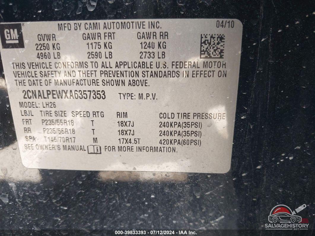 2CNALPEWXA6357353 2010 CHEVROLET EQUINOX photo no. 9