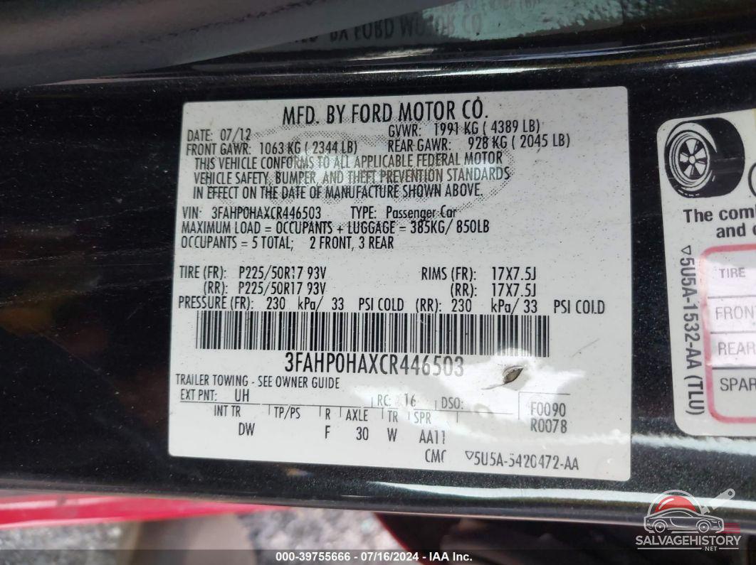 3FAHP0HAXCR446503 2012 FORD FUSION photo no. 9