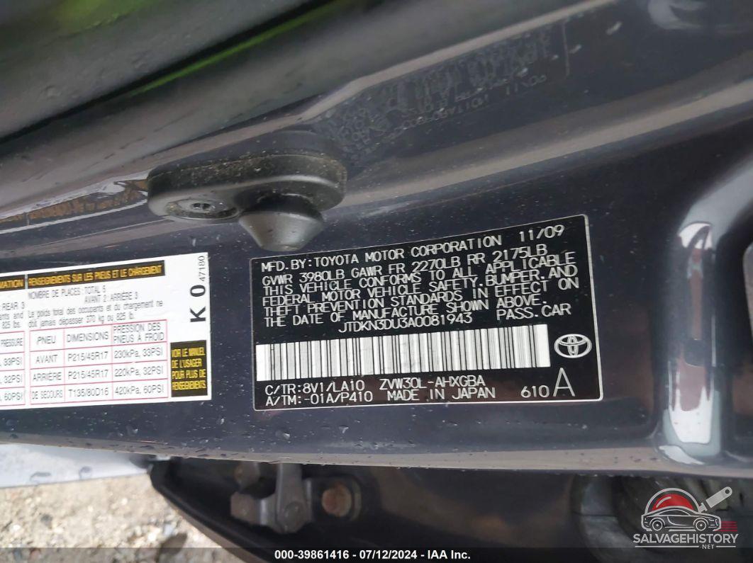 JTDKN3DU3A0081943 2010 TOYOTA PRIUS photo no. 9