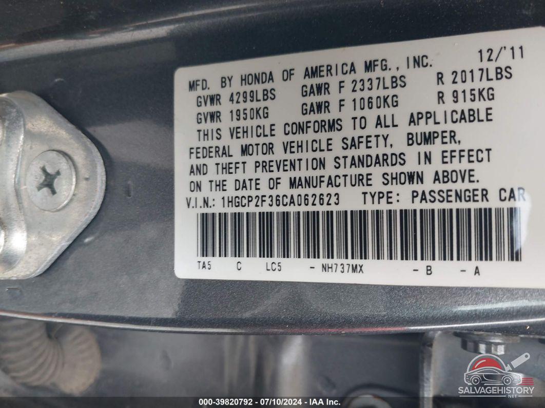 1HGCP2F36CA062623 2012 HONDA ACCORD photo no. 9