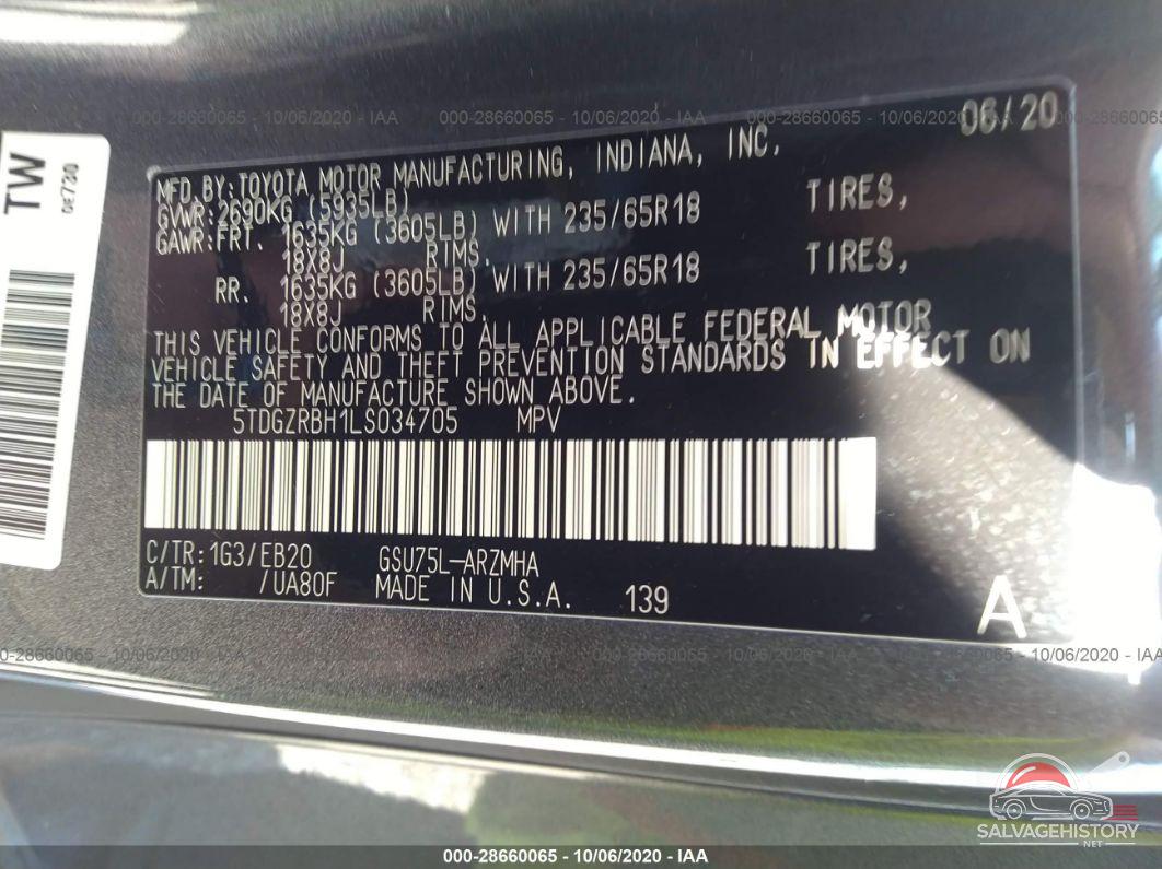5TDGZRBH1LS034705 2020 TOYOTA HIGHLANDER photo no. 9