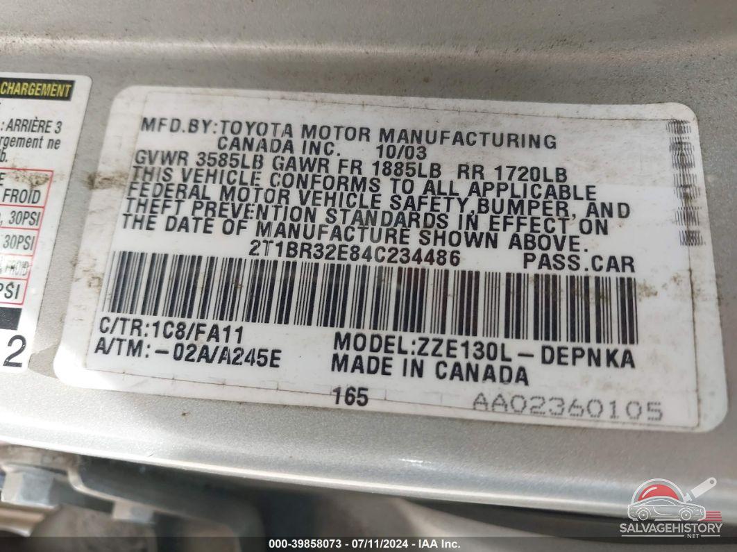 2T1BR32E84C234486 2004 TOYOTA COROLLA photo no. 9