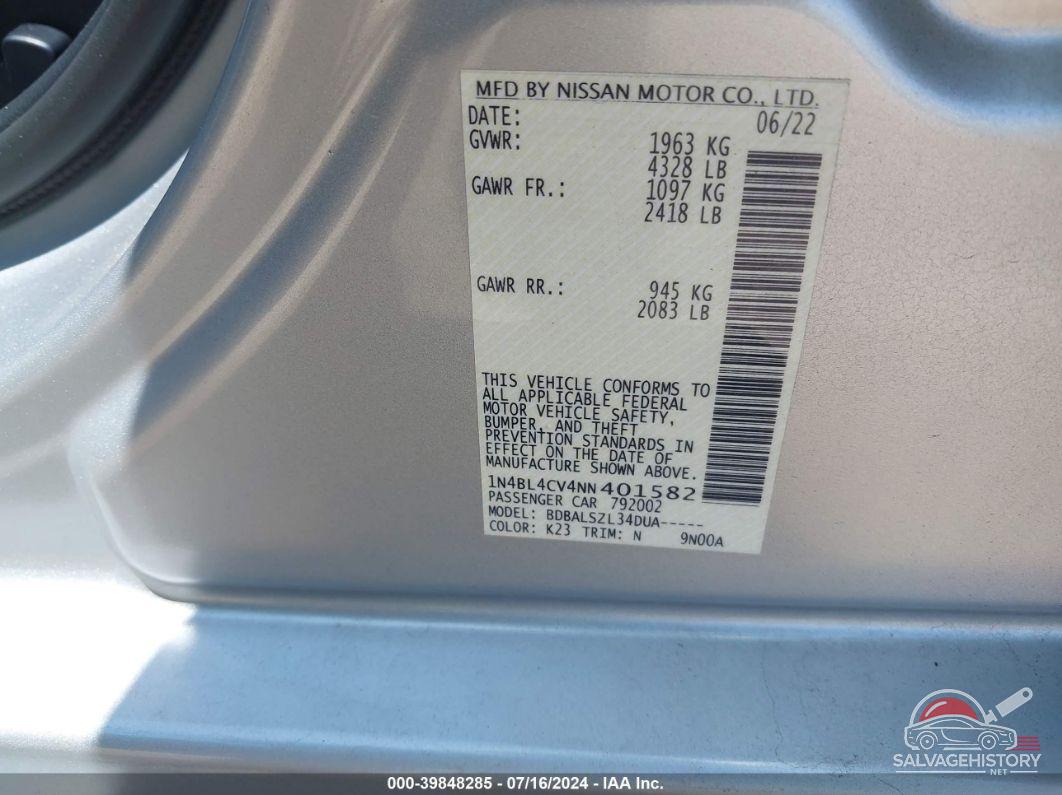 1N4BL4CV4NN401582 2022 NISSAN ALTIMA photo no. 9