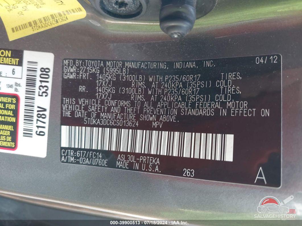 5TDKA3DC6CS013624 2012 TOYOTA SIENNA photo no. 9