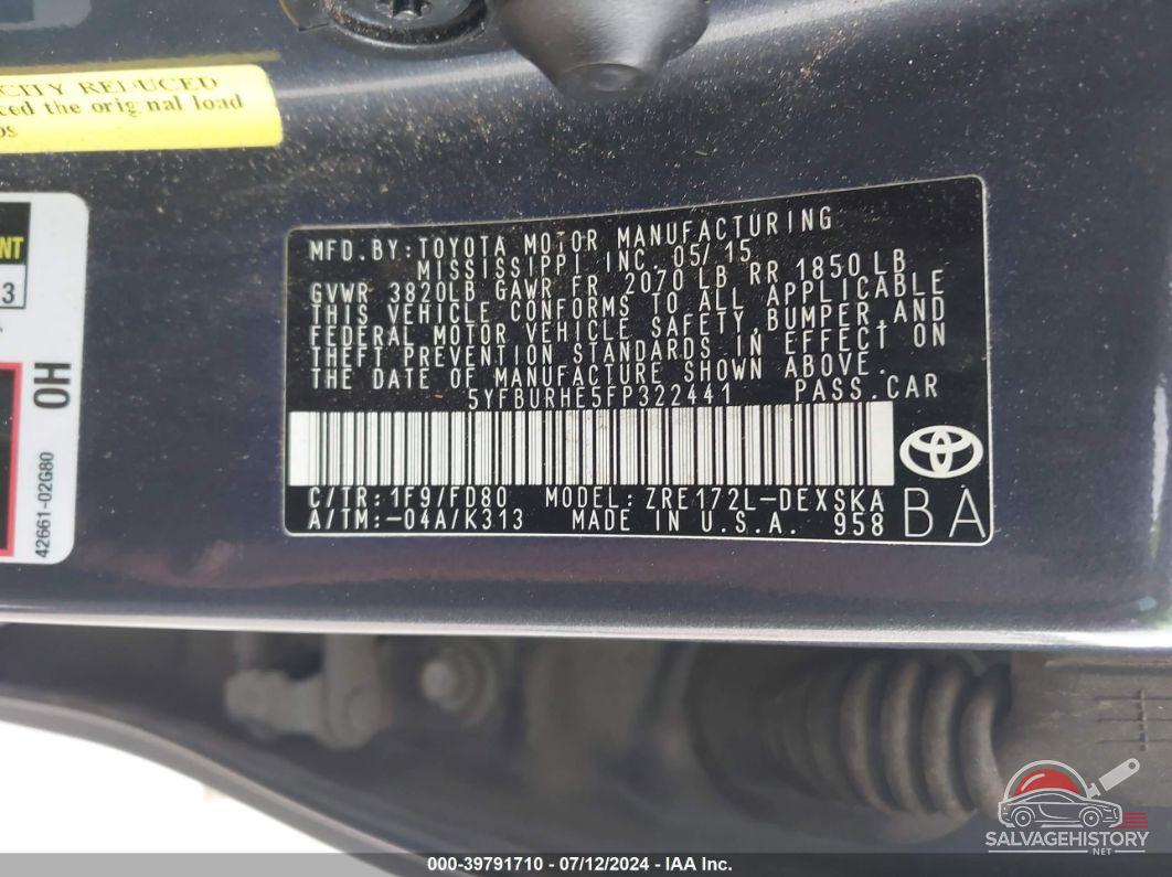 5YFBURHE5FP322441 2015 TOYOTA COROLLA photo no. 9