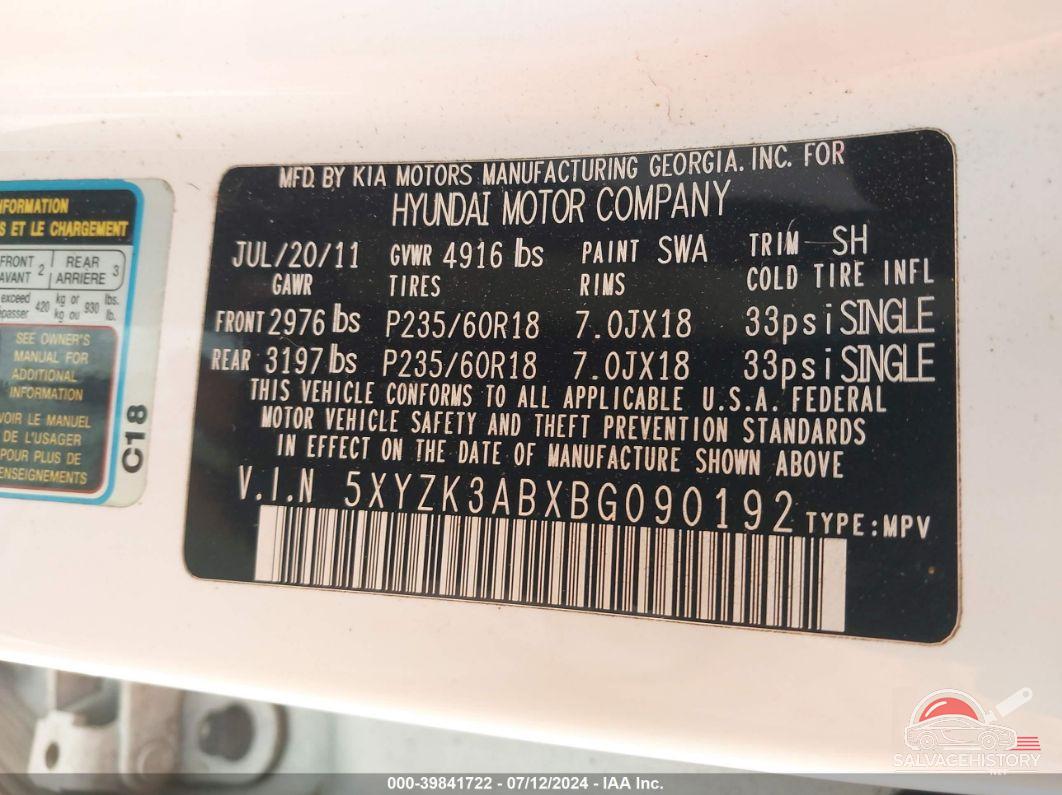 5XYZK3ABXBG090192 2011 HYUNDAI SANTA FE photo no. 9