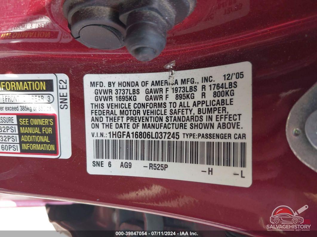 1HGFA16806L037245 2006 HONDA CIVIC photo no. 9