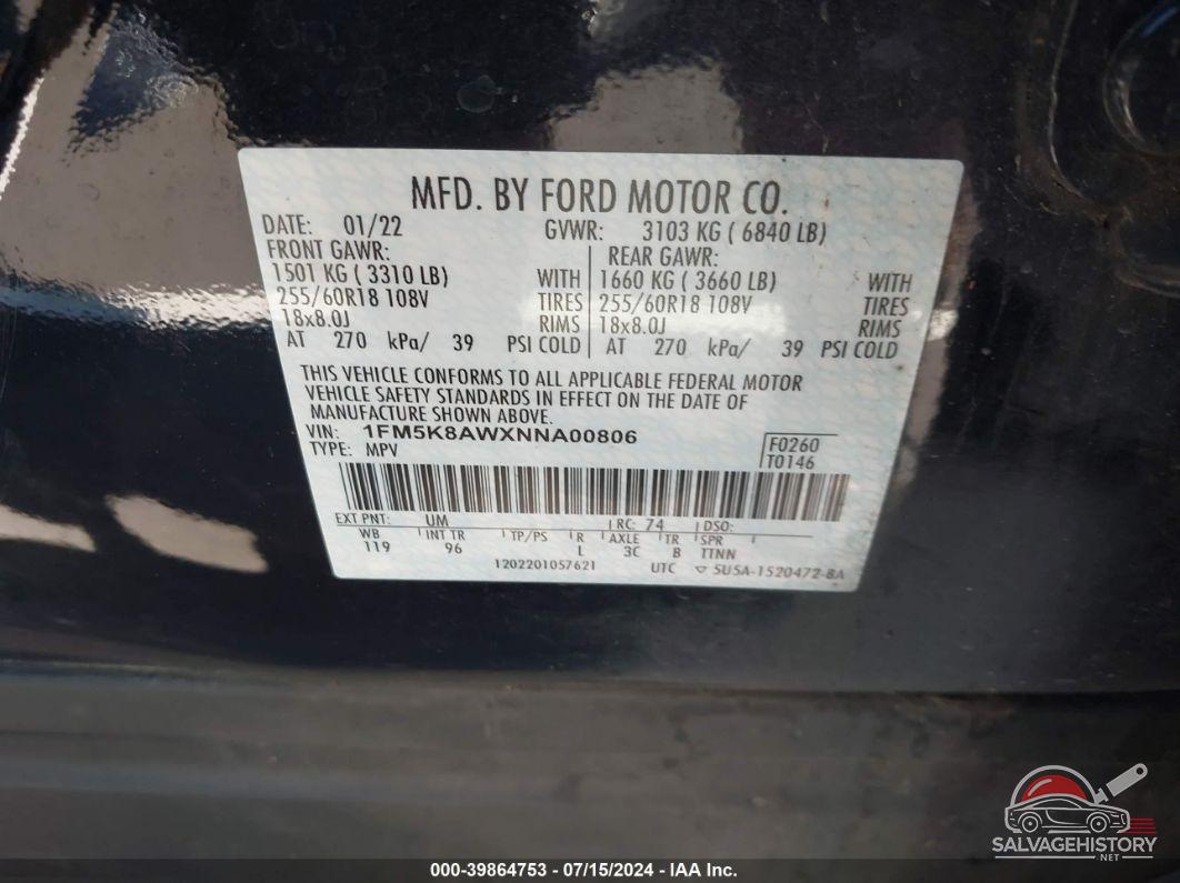 1FM5K8AWXNNA00806 2022 FORD POLICE INTERCEPTOR UTILITY photo no. 9