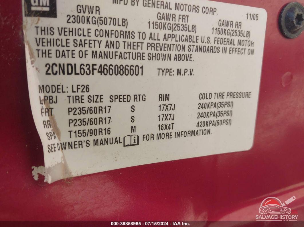 2CNDL63F466086601 2006 CHEVROLET EQUINOX photo no. 9