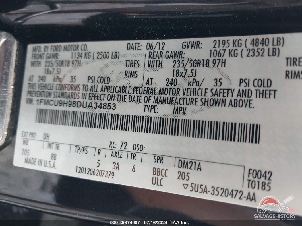1FMCU9H98DUA34853 2013 FORD ESCAPE photo no. 9