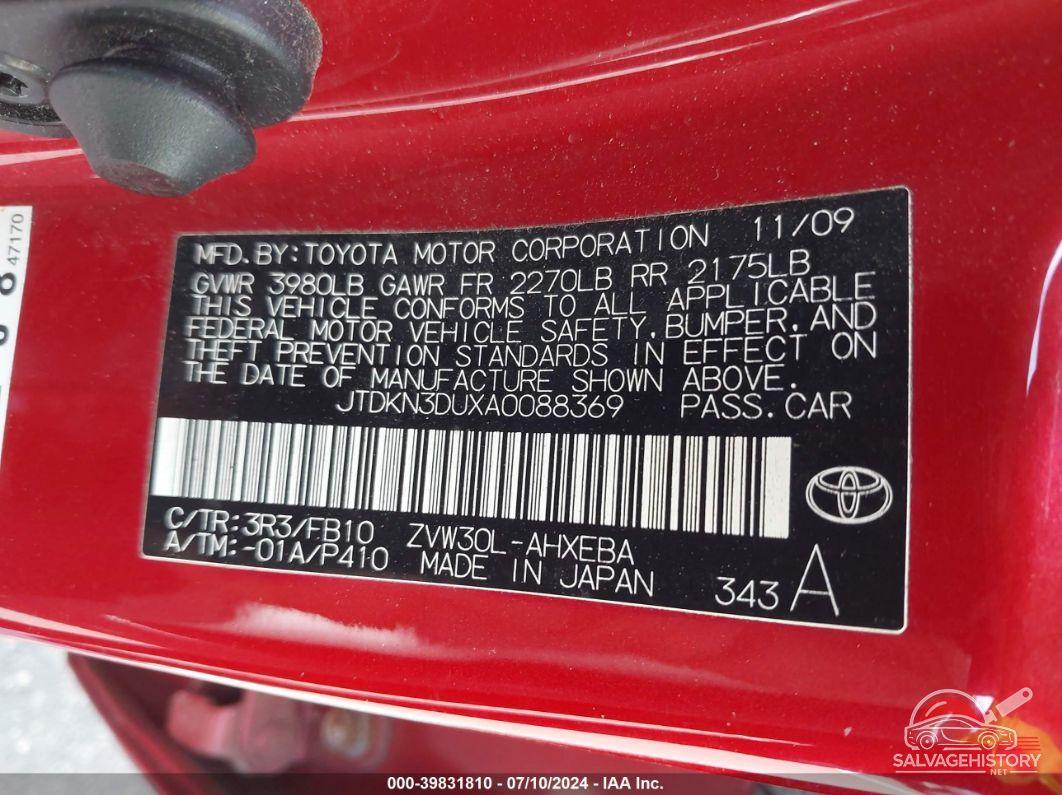 JTDKN3DUXA0088369 2010 TOYOTA PRIUS photo no. 9